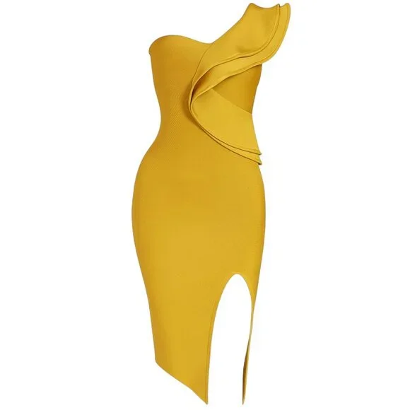 Elegant Ruffle One-Shoulder Mustard Yellow Party Cocktail Midi Bandage Dress - Picture 3 of 5